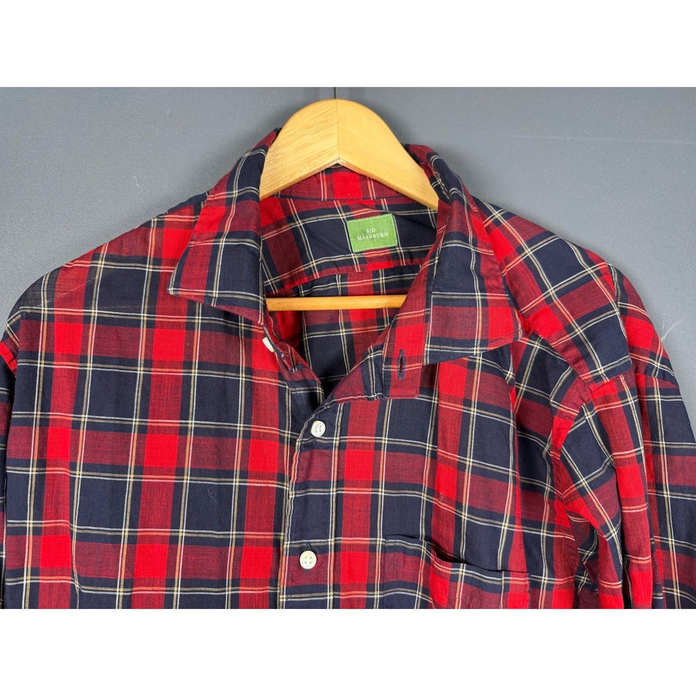 Sid Mashburn Mens Large Red Navy Blue Plaid Cotton Button Down Shirt Long Sleeve